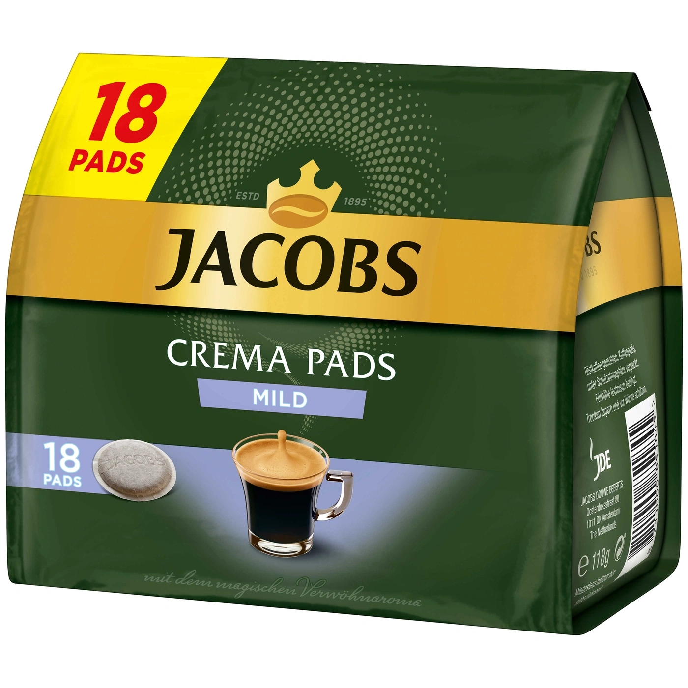 Jacobs Crema Pads, 18 Pads, mild, Kaffee, Packung, Produkt, Lebensmittel