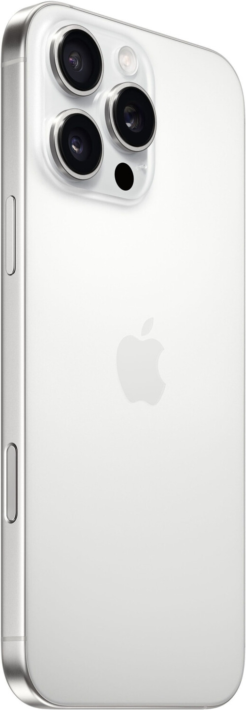 Weißes iPhone mit drei Kameras und Apple-Logo auf der Rückseite, Nahaufnahme