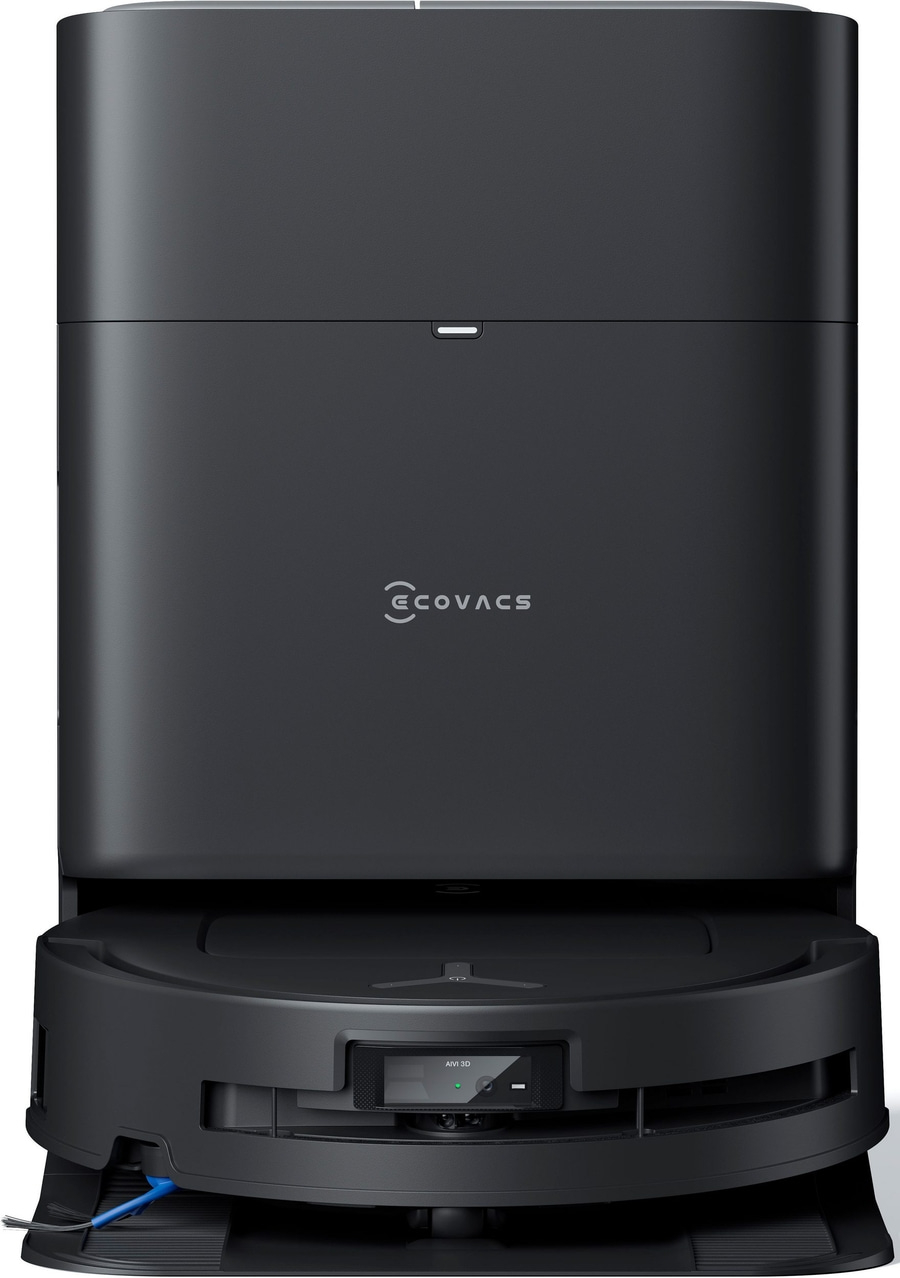 Schwarzer Roboter-Staubsauger mit ECOVACS-Logo und AIVI 3D-Technologie.