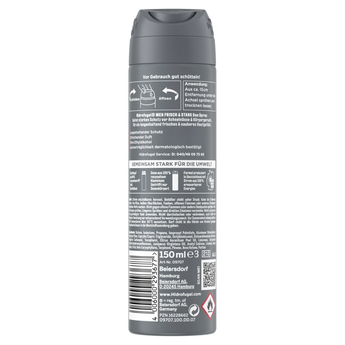 Ein graues Deo-Spray von Hidrofugal mit Anwendungshinweisen und Inhaltsstoffen auf der Rückseite.