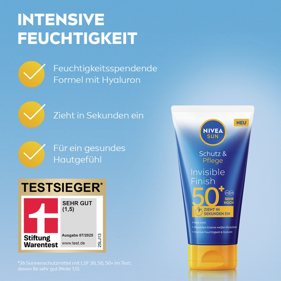 Nivea Sonnencreme mit Hyaluron, zieht schnell ein, sehr hoher Schutz, Testsieger