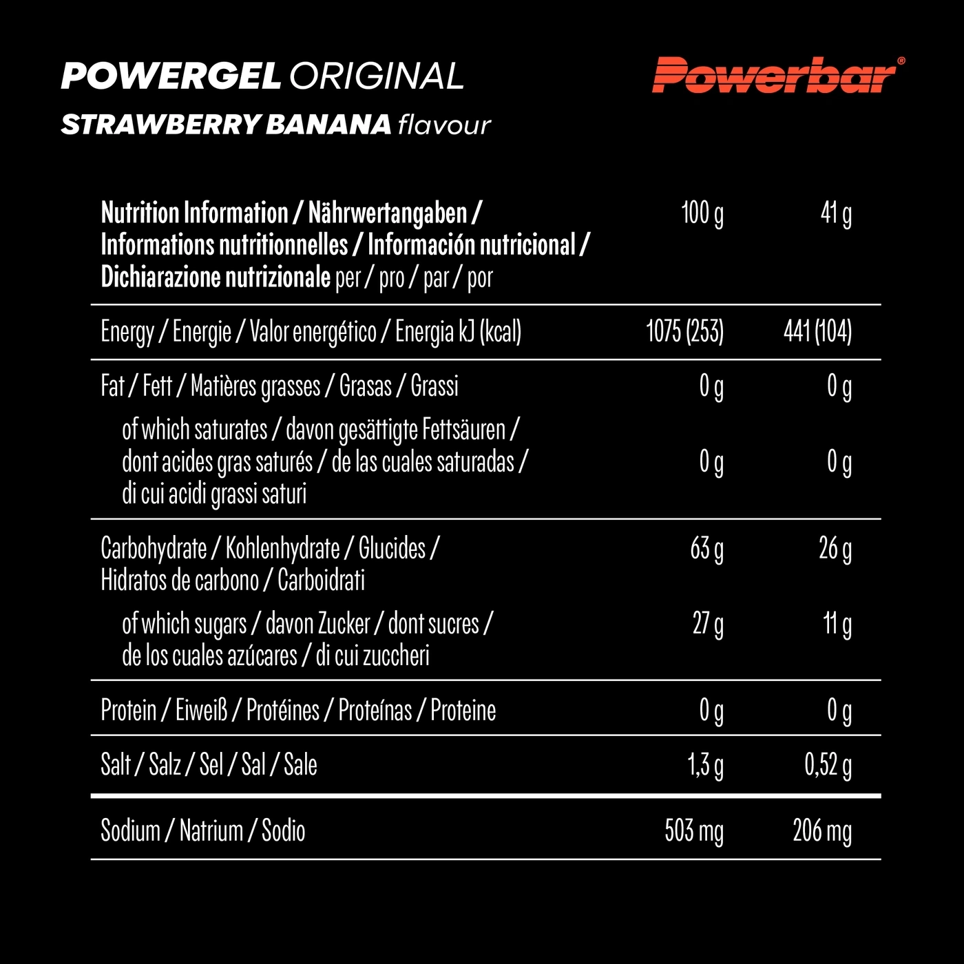 Nährwertangaben eines Powergel Strawberry Banana von Powerbar.