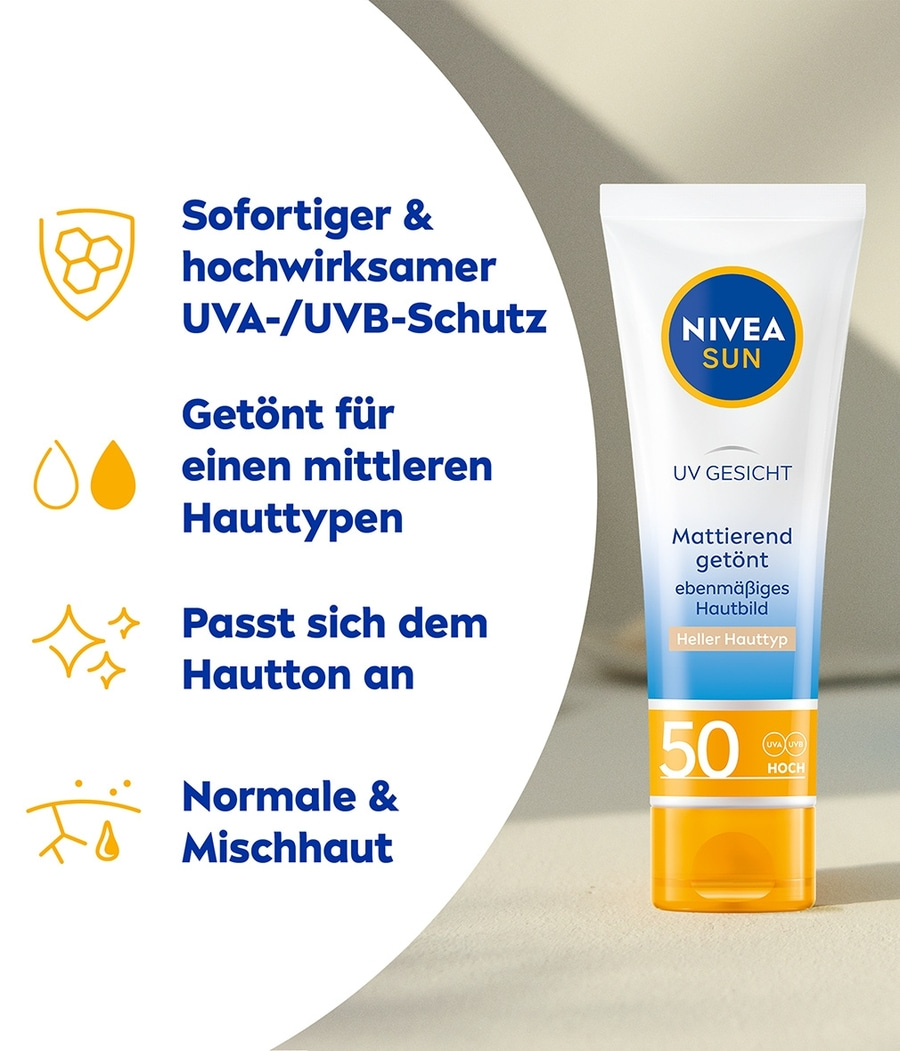 NIVEA SUN UV Face Mattierend Getönter Sonnenschutz Hell LSF 50 50ml