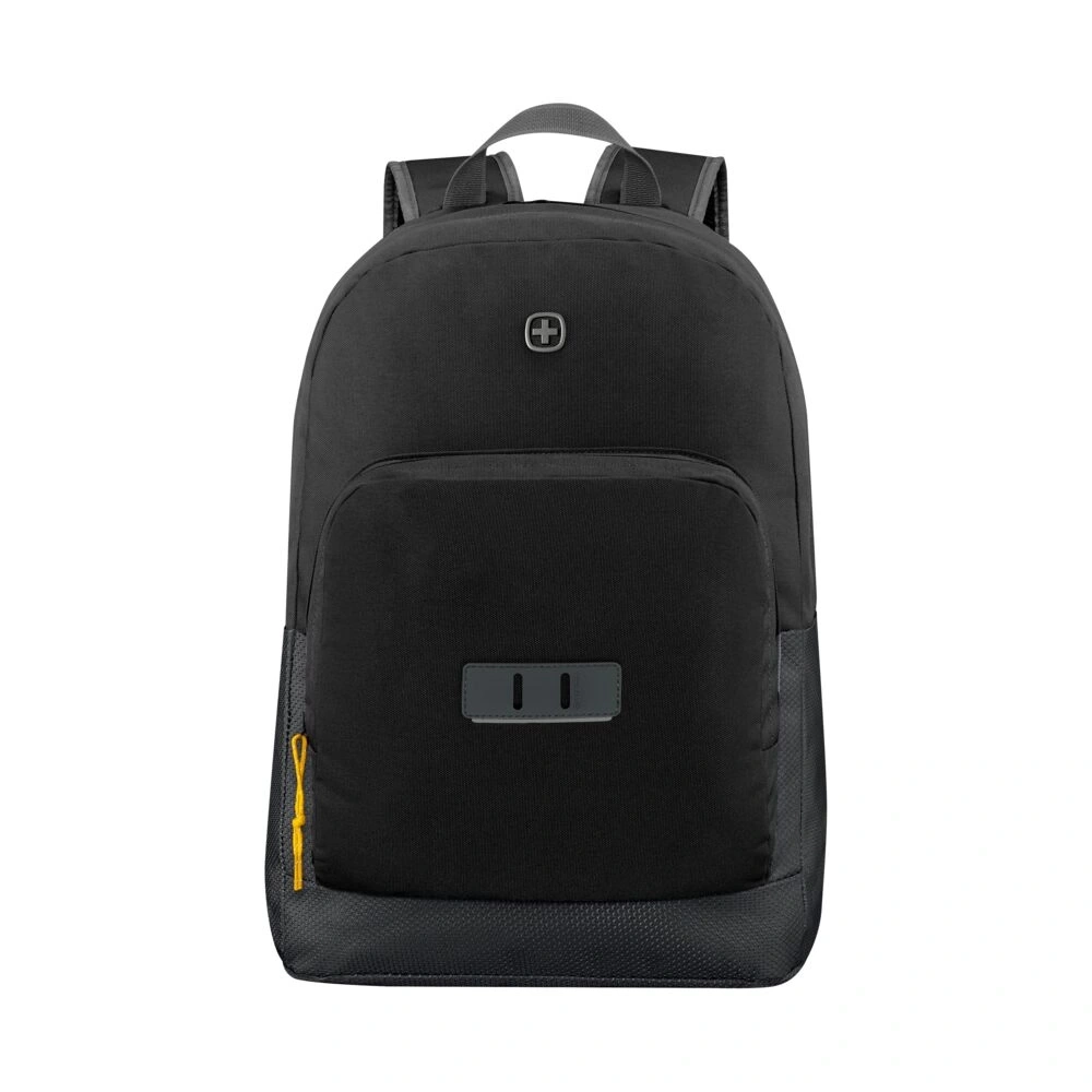 Ein schwarzer Rucksack mit zwei Fächern und einem gelben Reißverschlussgriff