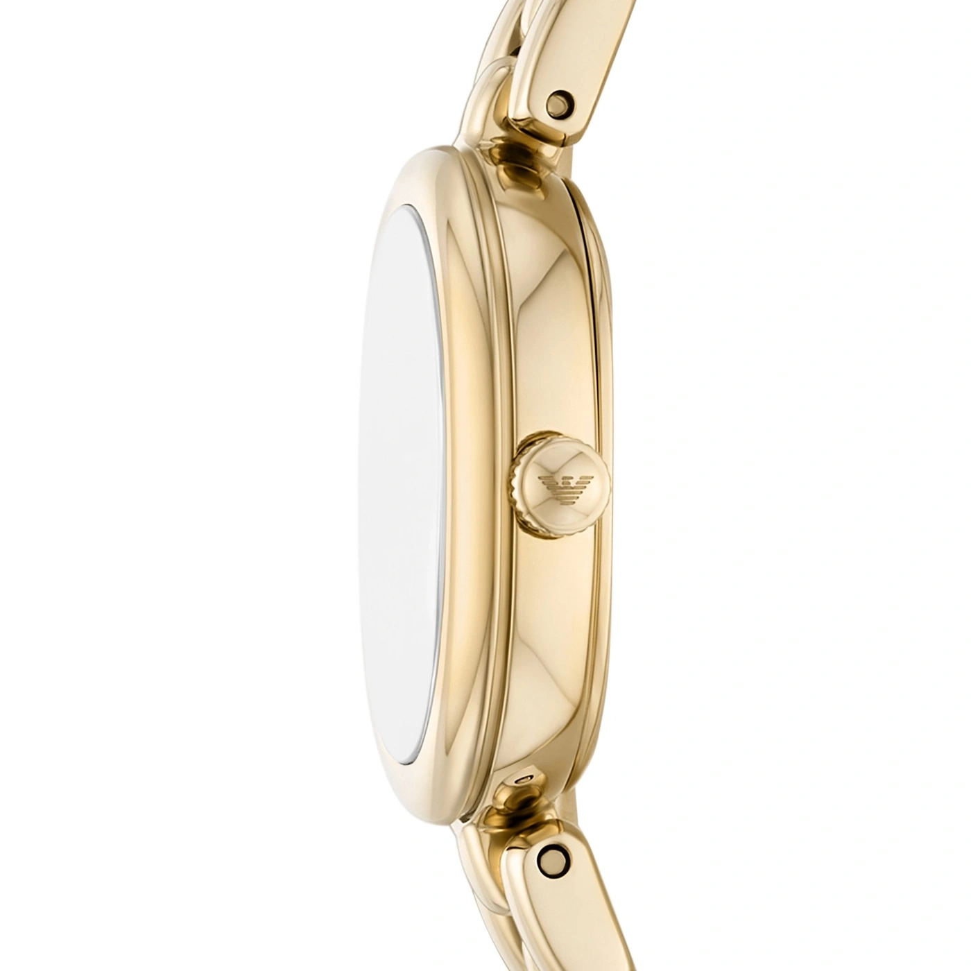 Eine goldene Damenuhr mit einem schmalen Armband und einem Emblem auf der Krone.