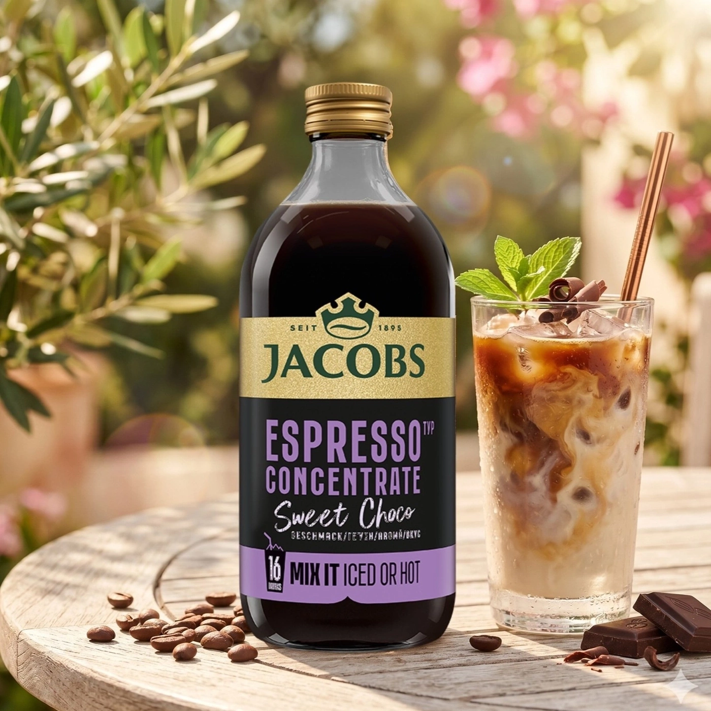 Jacob's Espresso Konzentrat Sweet Choco auf einem Holztisch mit Kaffee und Schokolade