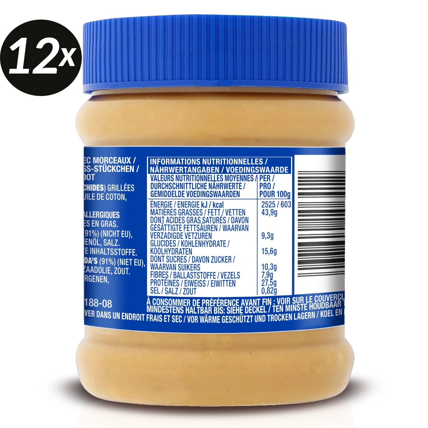 Erdnussbutter-Glas mit Nährwertangaben und Zutatenliste, 12x