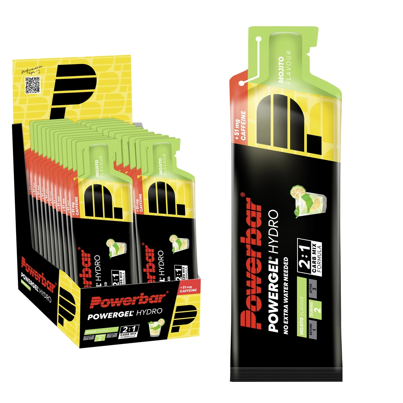 Powerbar Powergel Hydro mit Mojito-Geschmack und Koffein in einer Packung und Einzelportionen.