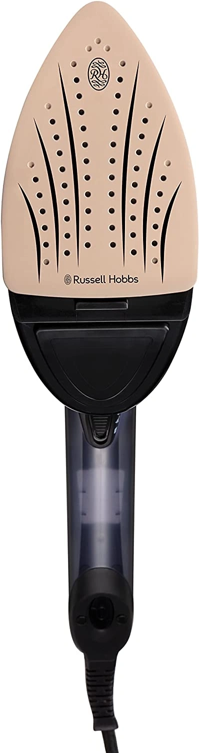 Dampfbügeleisen von Russell Hobbs, hellbraun, mit schwarzem Griff und Kabel.