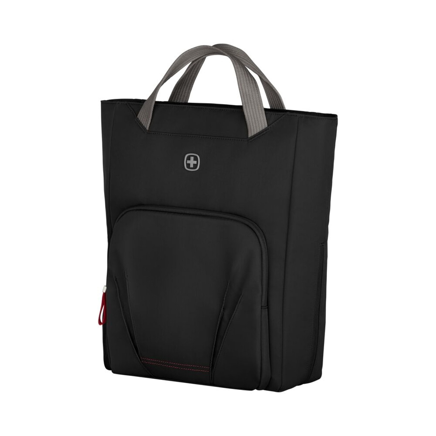 Schwarze Tasche mit grauem Griff und Logo, ideal für den täglichen Gebrauch.