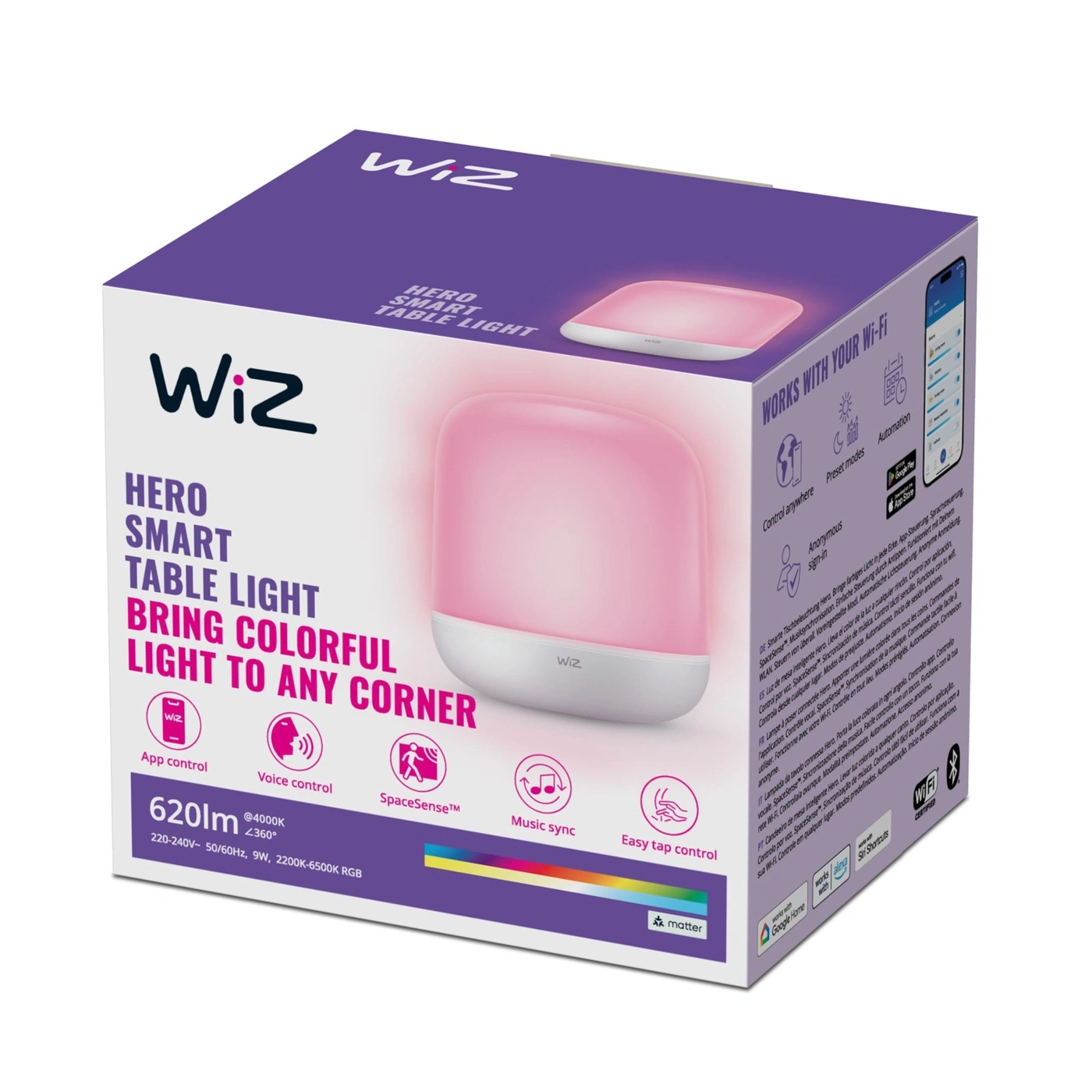 Wiz Hero Smart Tischleuchte mit buntem Licht und App-/Sprachsteuerung.