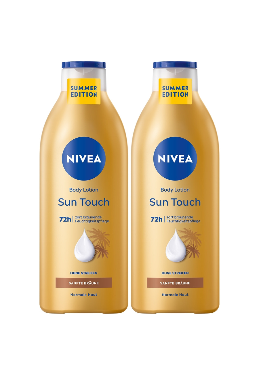 Zwei Flaschen Nivea Sun Touch Body Lotion, Sommer-Edition, für normale Haut, sanfte Bräune.