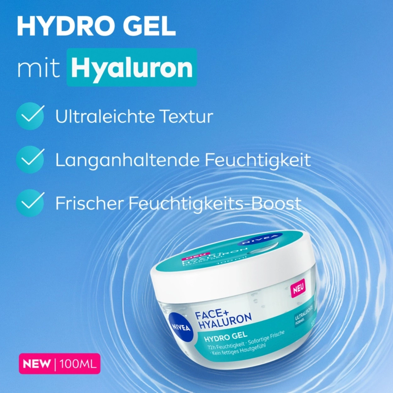 Nivea Hydro Gel mit Hyaluron, Ultraleichte Textur, langanhaltende Feuchtigkeit, frischer Feuchtigkeits-Boost, 100ml