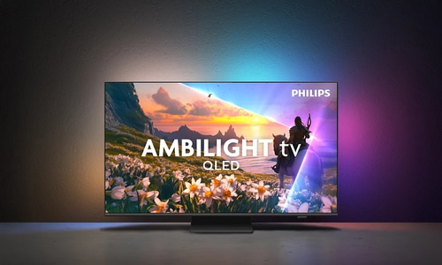 Philips Ambilight QLED Fernseher mit Landschaftsbild und Lichteffekten