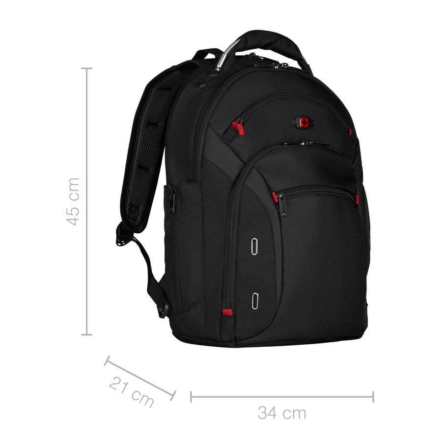 Schwarzer Rucksack mit roten Akzenten, 45 cm hoch, 34 cm breit und 21 cm tief.