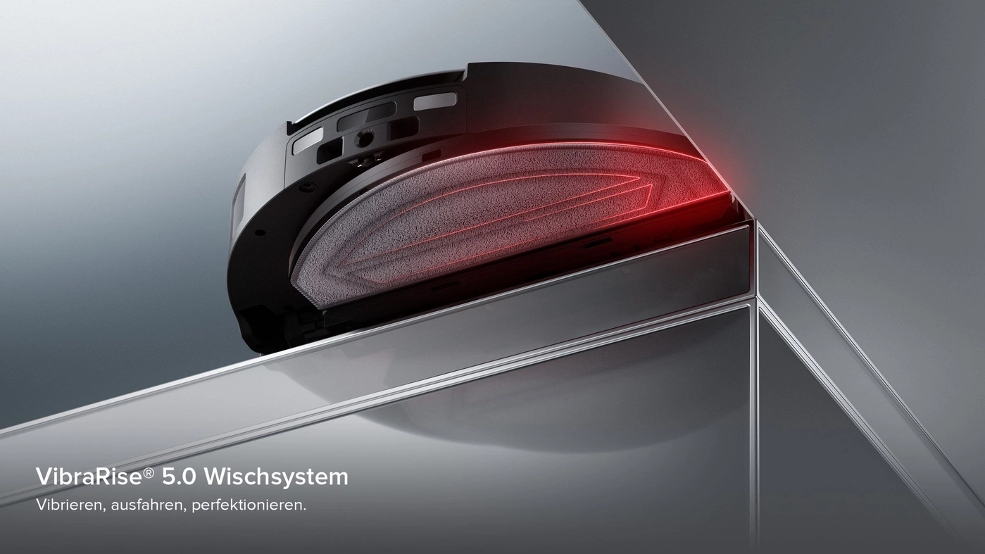 Ein Saugroboter mit VibraRise® 5.0 Wischsystem auf einer glänzenden Oberfläche.
