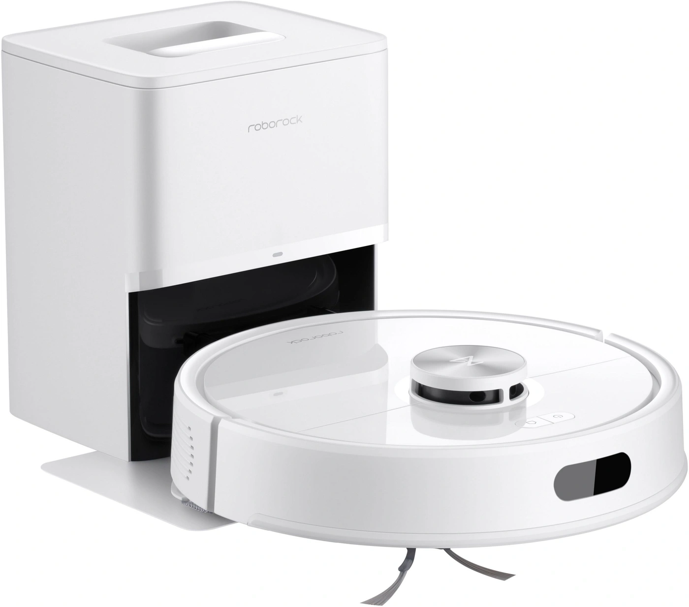 Ein weißer Roboterstaubsauger mit Ladestation von Roborock.