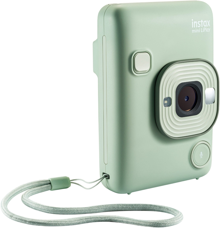 Grüne Instax Mini LiPlay Kamera mit Handgelenkschlaufe und Mikrofon