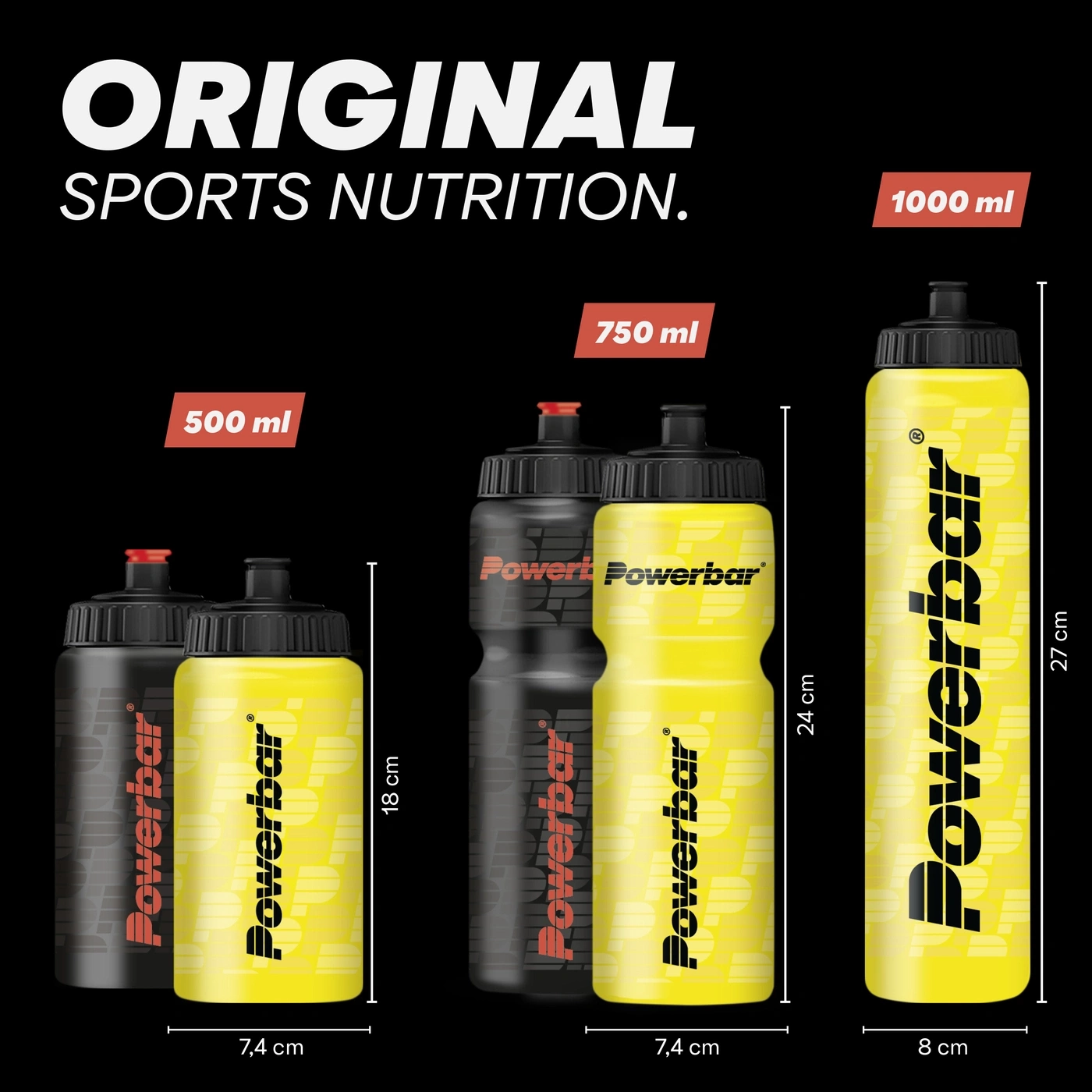 Verschiedene Größen von Powerbar Trinkflaschen mit Maßen