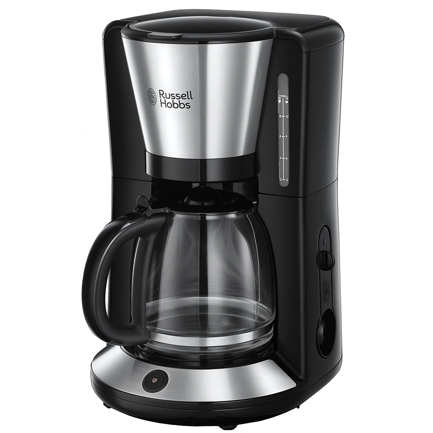 Kaffeemaschine von Russell Hobbs, schwarz und silber, mit Glaskanne und Bedienfeld