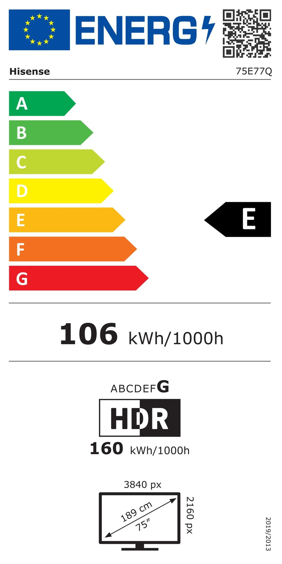Energielabel für Hisense Fernseher mit Energieeffizienzklasse E und 106 kWh/1000h Verbrauch.