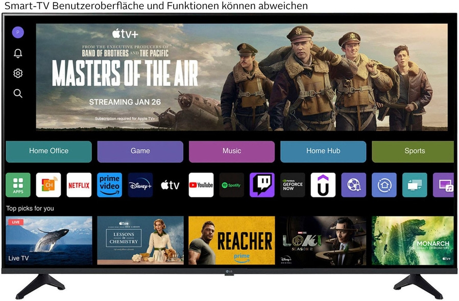 Smart-TV-Oberfläche mit Apps, Filmen und Streaming-Diensten wie Netflix und Prime Video.