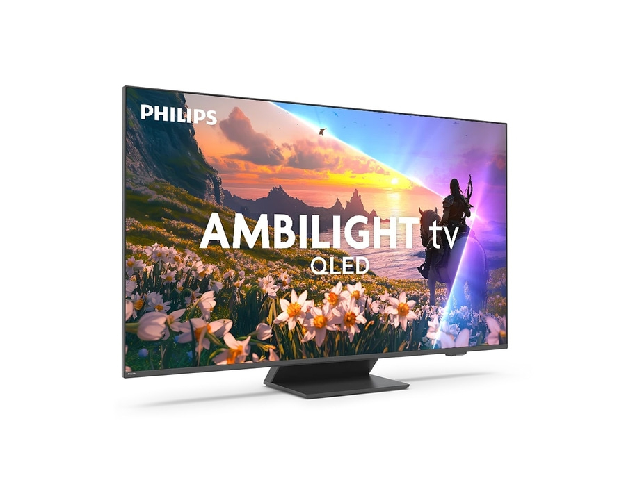 Philips Ambilight QLED Fernseher mit Landschaftsbild und Reiter