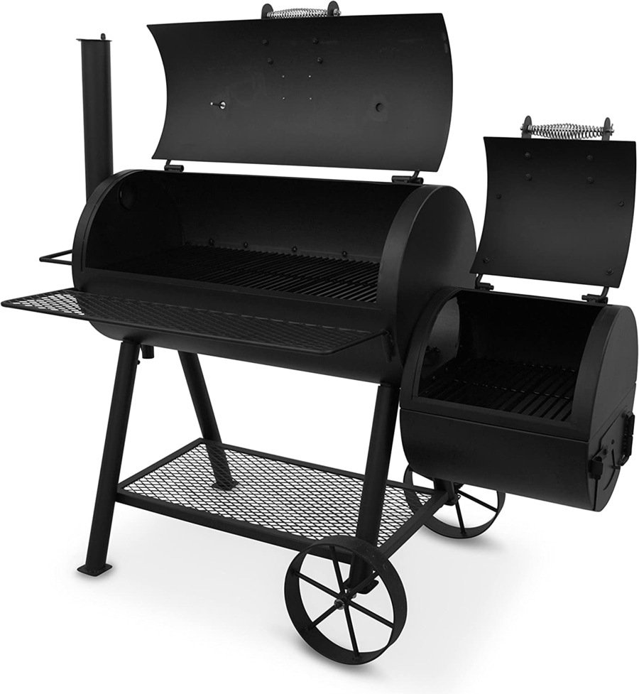 Schwarzer Grill mit offenem Deckel und Rädern, für den Außenbereich