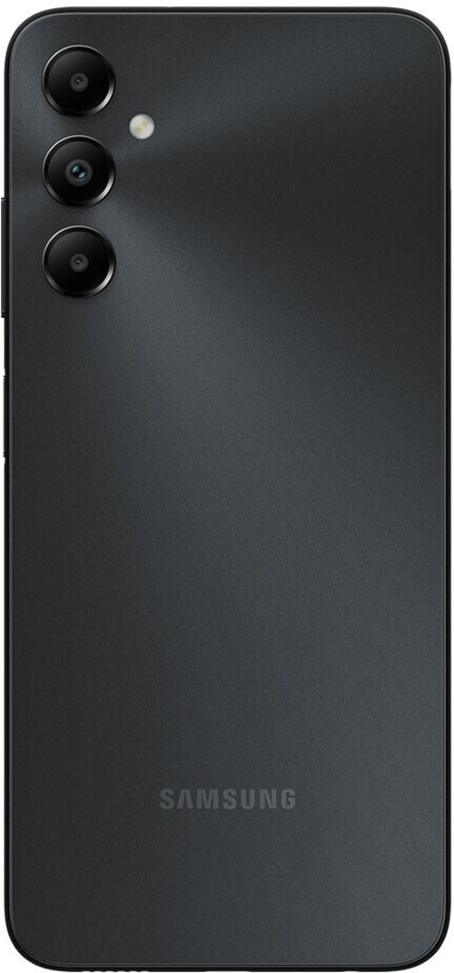 Schwarzes Smartphone mit drei Kameras und Samsung-Logo auf der Rückseite.