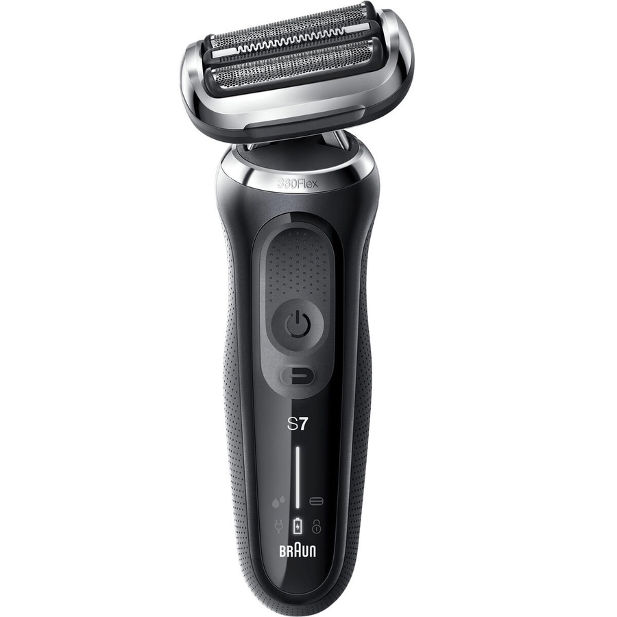 Schwarzer Elektrorasierer von Braun, Modell S7, mit silbernen Rasierköpfen und Ladeanzeige.