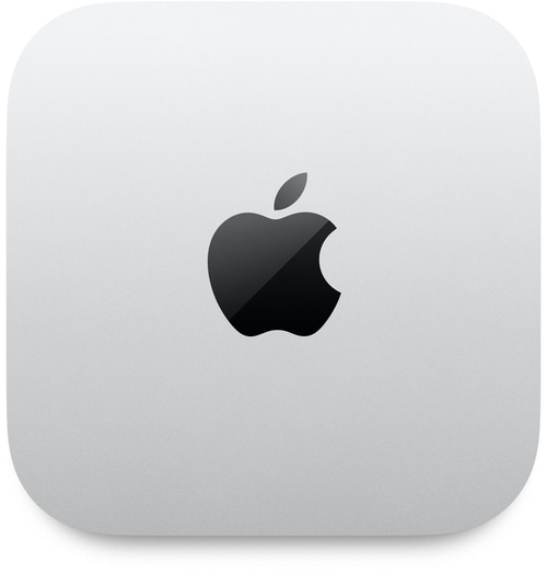 Apple Mac Mini mit Apple-Logo auf silbernem Hintergrund