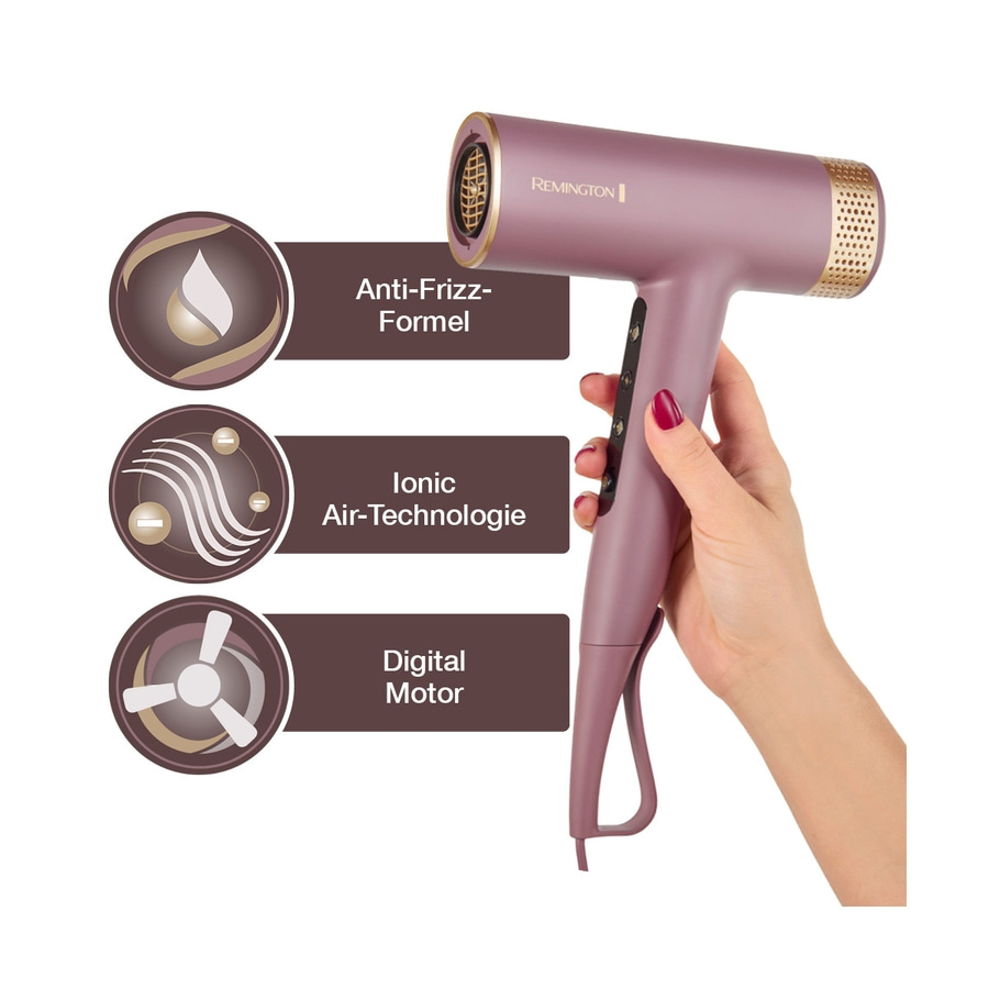 Haartrockner mit Anti-Frizz-Formel, Ionen-Technologie und Digitalmotor, gehalten von einer Hand