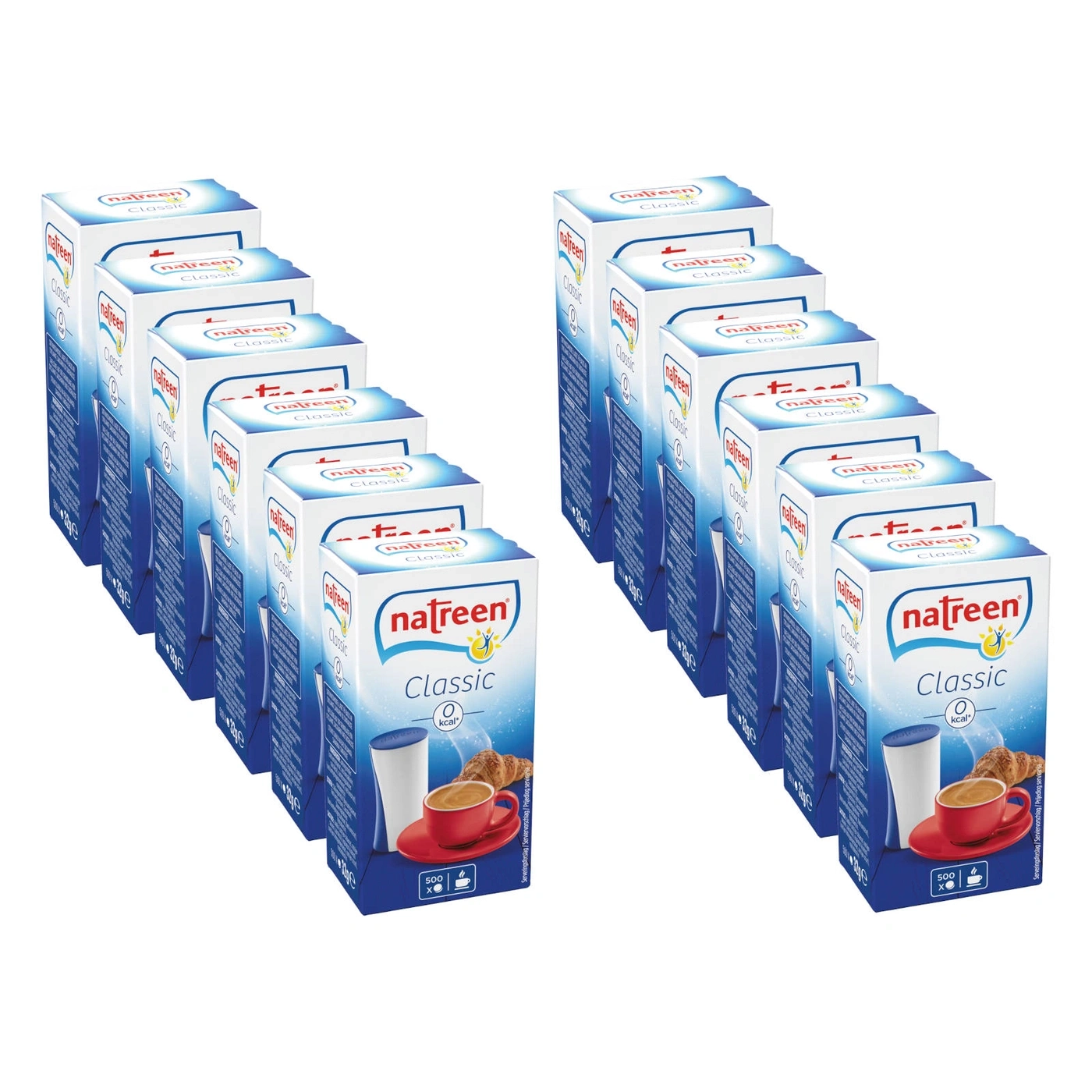 Mehrere Packungen Natreen Classic Kaffeecreme, 0 kcal, 500 Stück, blaue und weiße Verpackung.