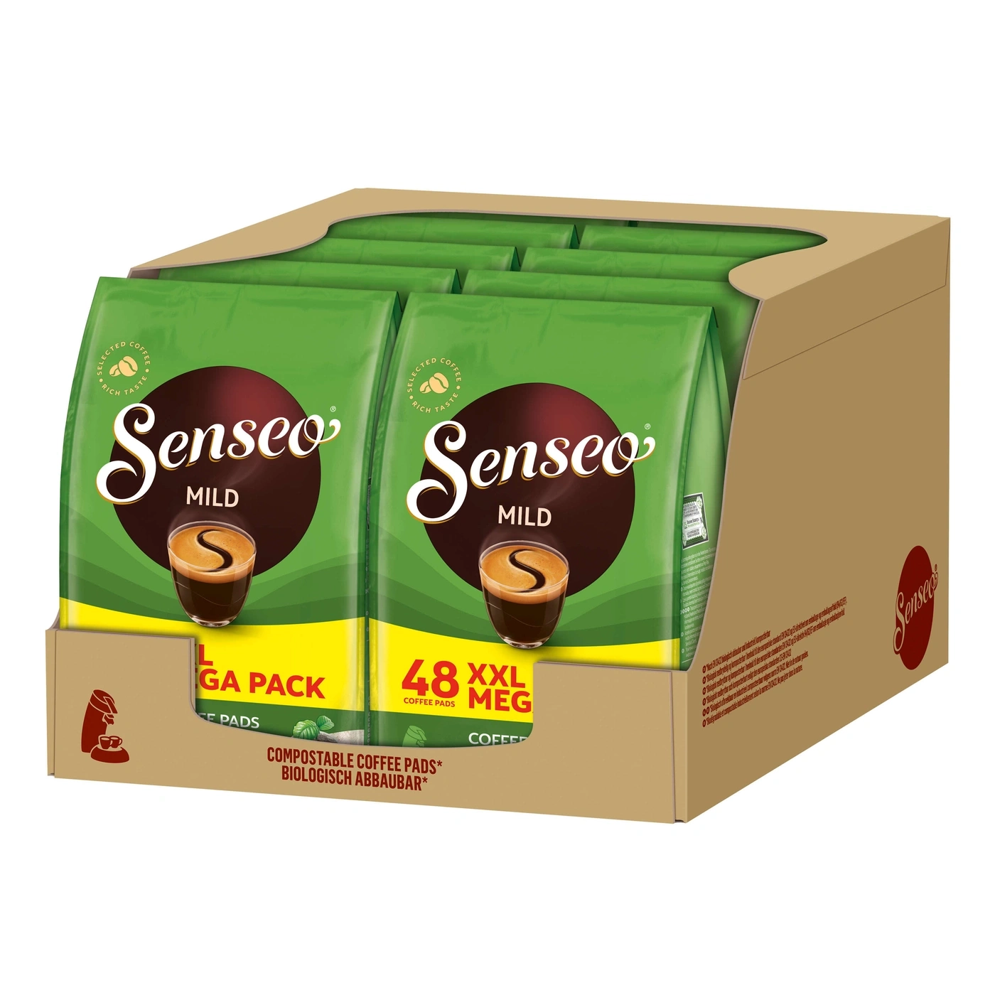 Senseo Kaffee Pads Packung, 48 XXL, Mild, kompostierbar, biologisch abbaubar, Kaffee
