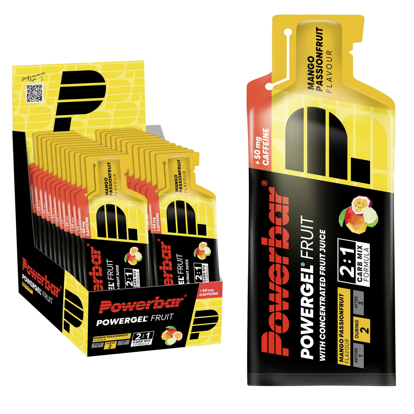 POWERBAR PowerGel Fruit Mango Passionfrucht High Carb Energie Gel Koffein 24x41g