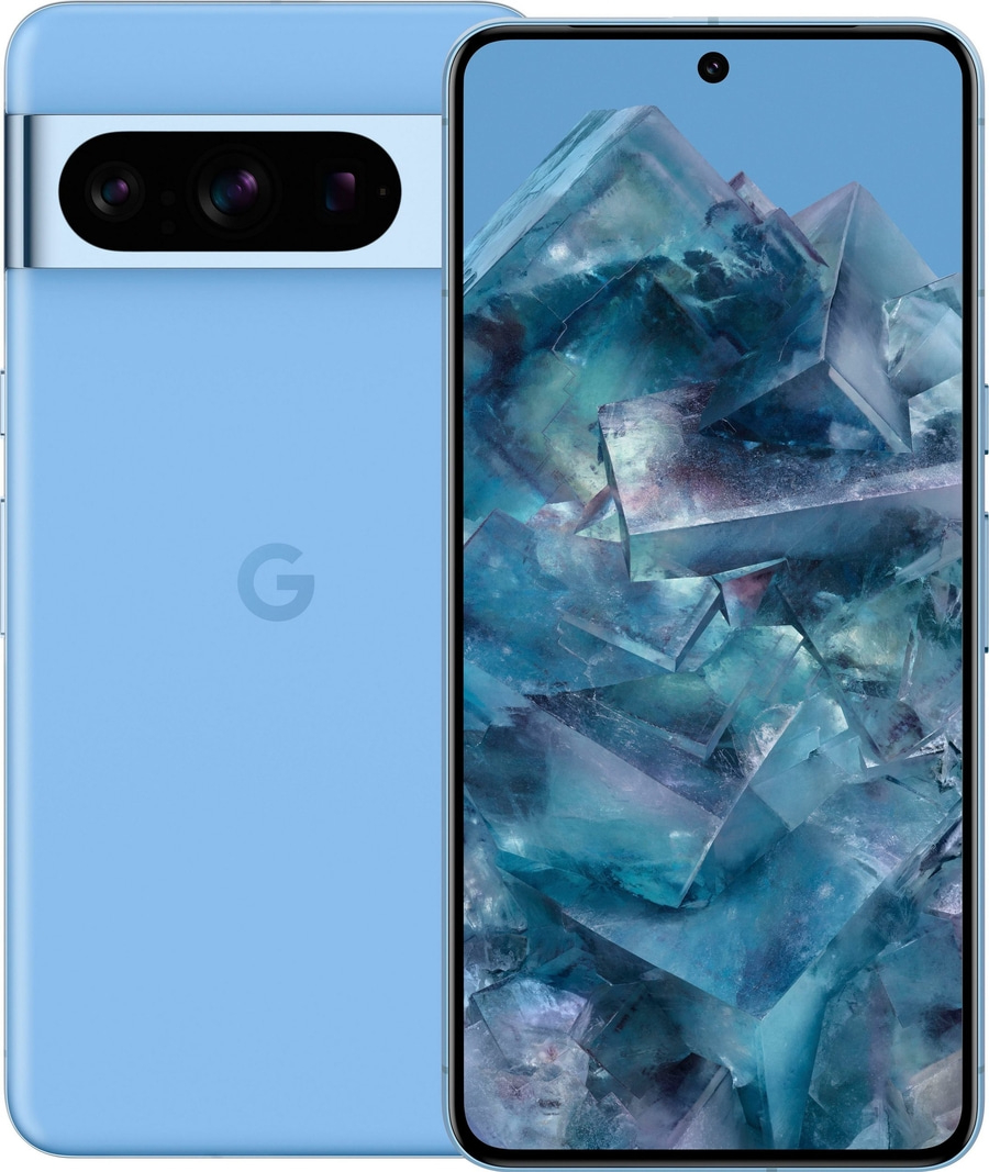 Ein hellblaues Google Pixel Smartphone mit Kamera und blauem Hintergrundbild.