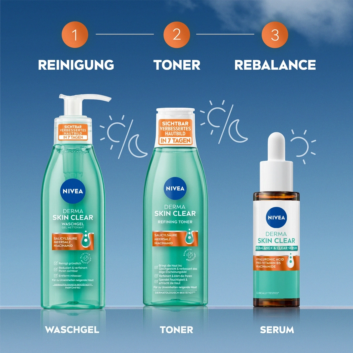 Nivea Derma Skin Clear Reinigung, Toner und Serum für unreine Haut.