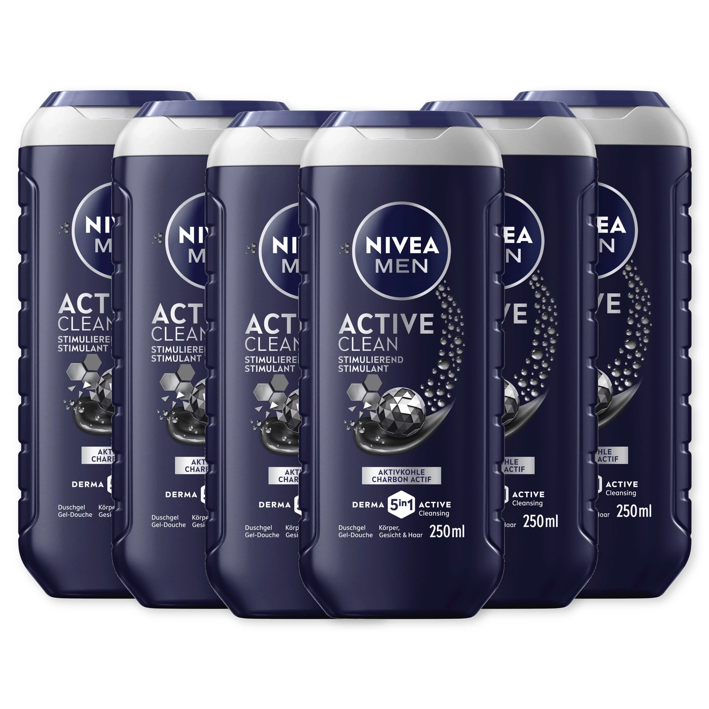 Sechs Flaschen Nivea Men Duschgel Active Clean mit Aktivkohle