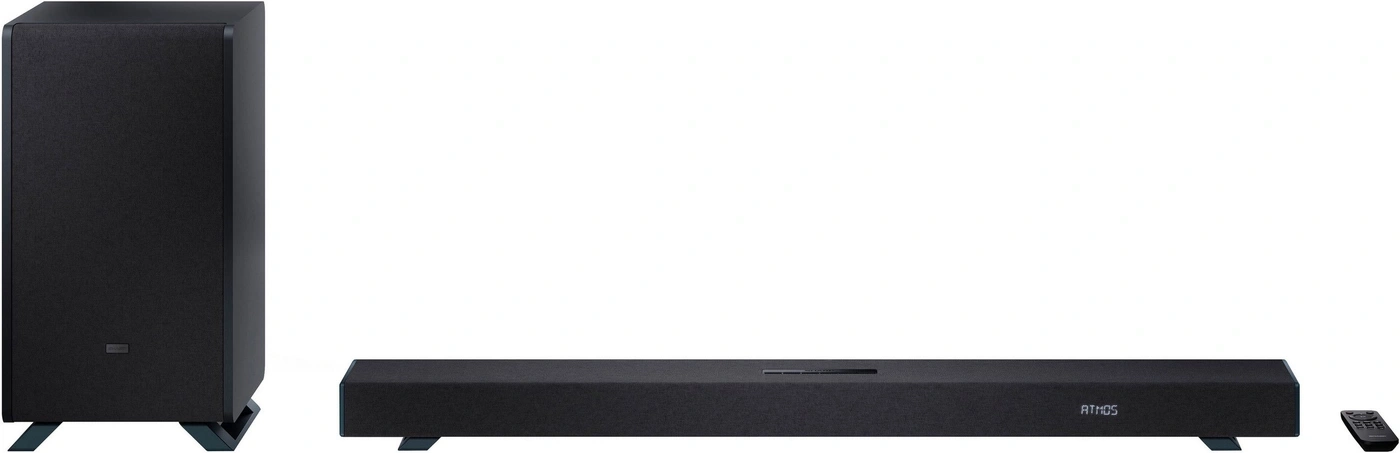Schwarzer Subwoofer und Soundbar mit Fernbedienung.