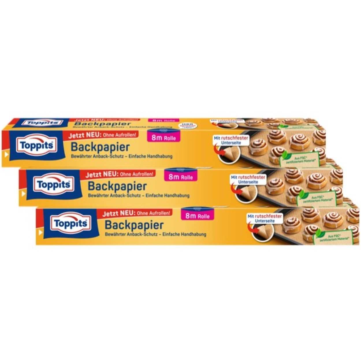 Drei Packungen Toppits Backpapier mit Aufdruck in deutscher Sprache und dem Hinweis: 'Jetzt NEU: Ohne Aufrollen!'.