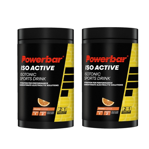 Zwei Powerbar Iso Active Behälter für isotonische Sportgetränke mit Orangengeschmack.