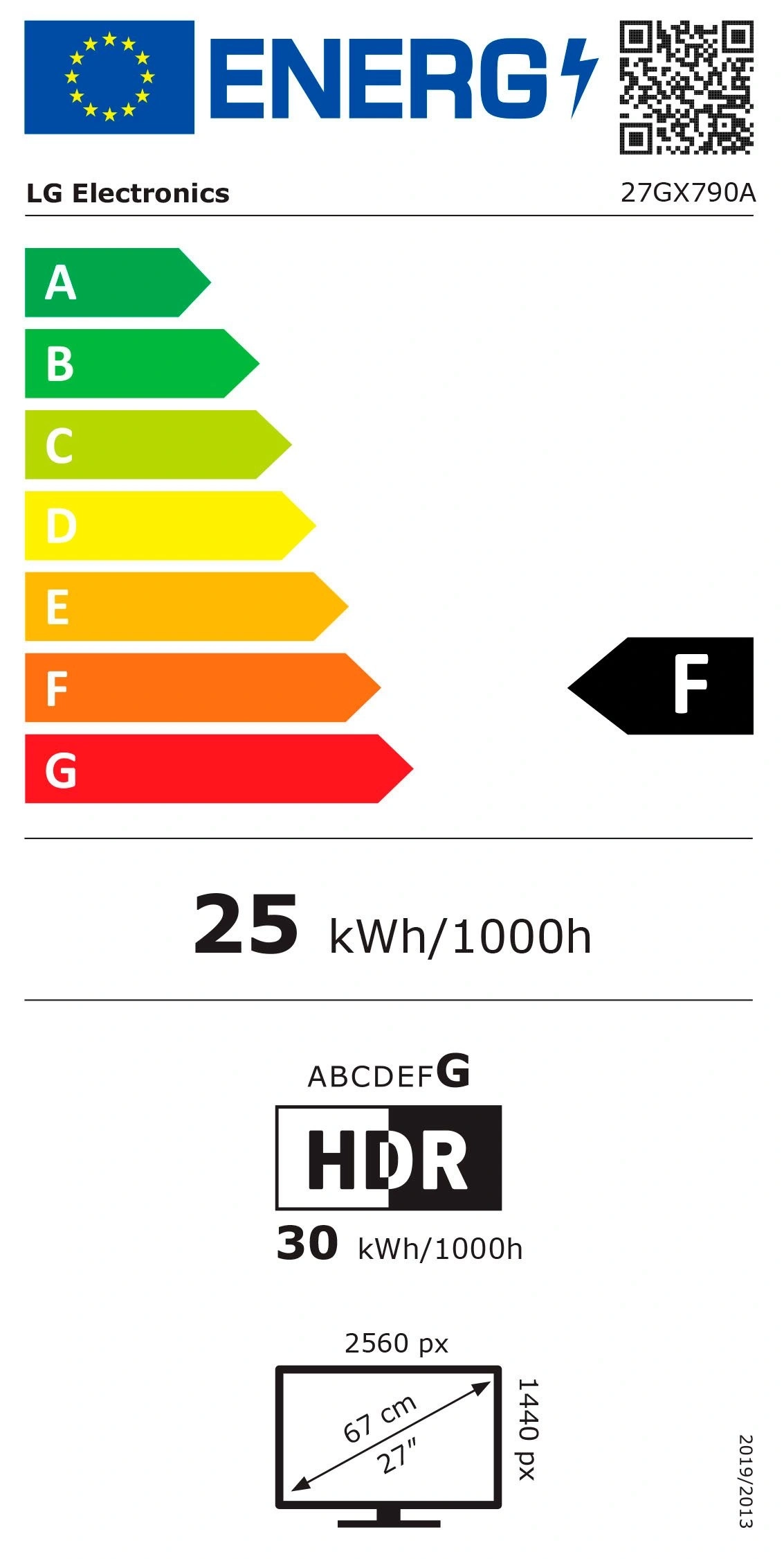 Energieetikett für LG Electronics 27GX790A, Energieeffizienzklasse F, 25 kWh/1000h