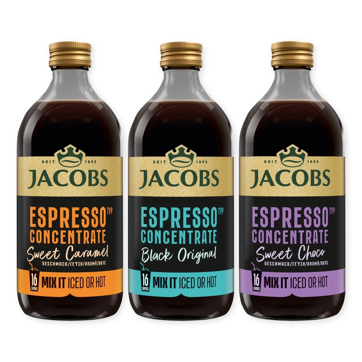 Drei Flaschen Jacobs Espresso Konzentrat: Sweet Caramel, Black Original und Sweet Choco.