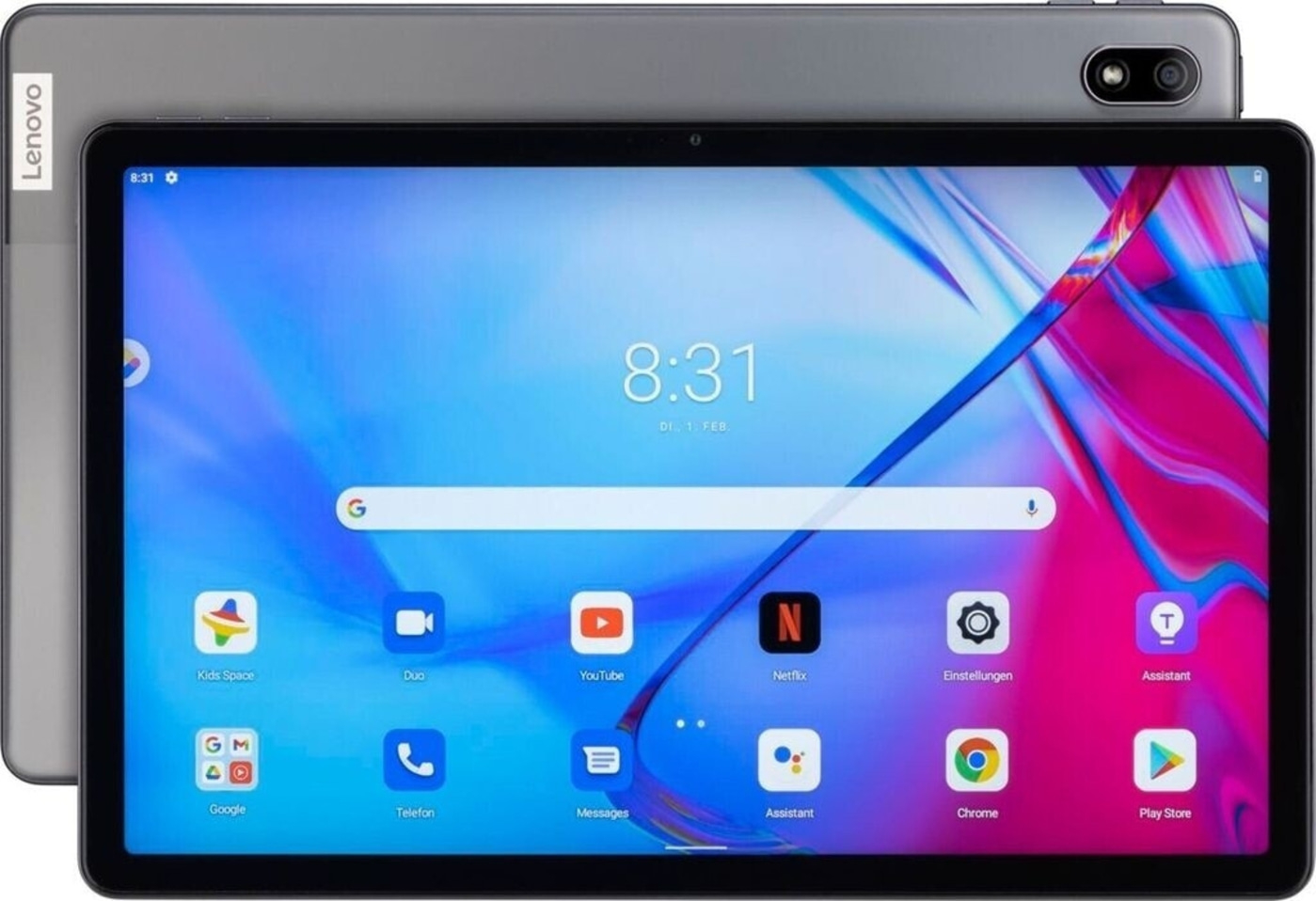 Ein Lenovo Tablet mit Apps wie Google, YouTube und Netflix auf dem Bildschirm.