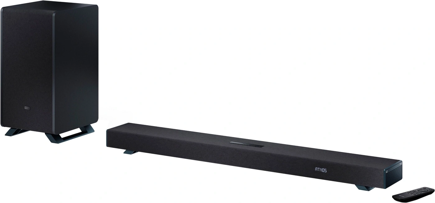 Schwarze Soundbar und Subwoofer mit Fernbedienung