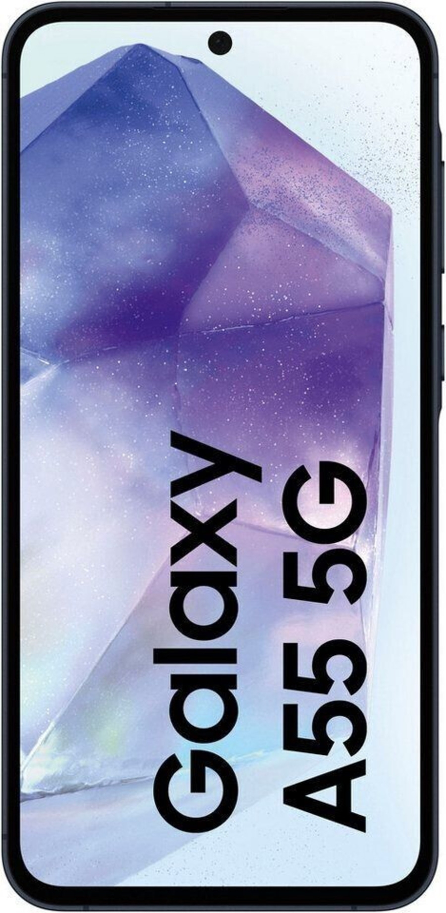 Samsung Galaxy A55 5G Smartphone mit blauem Hintergrund und schwarzem Rahmen