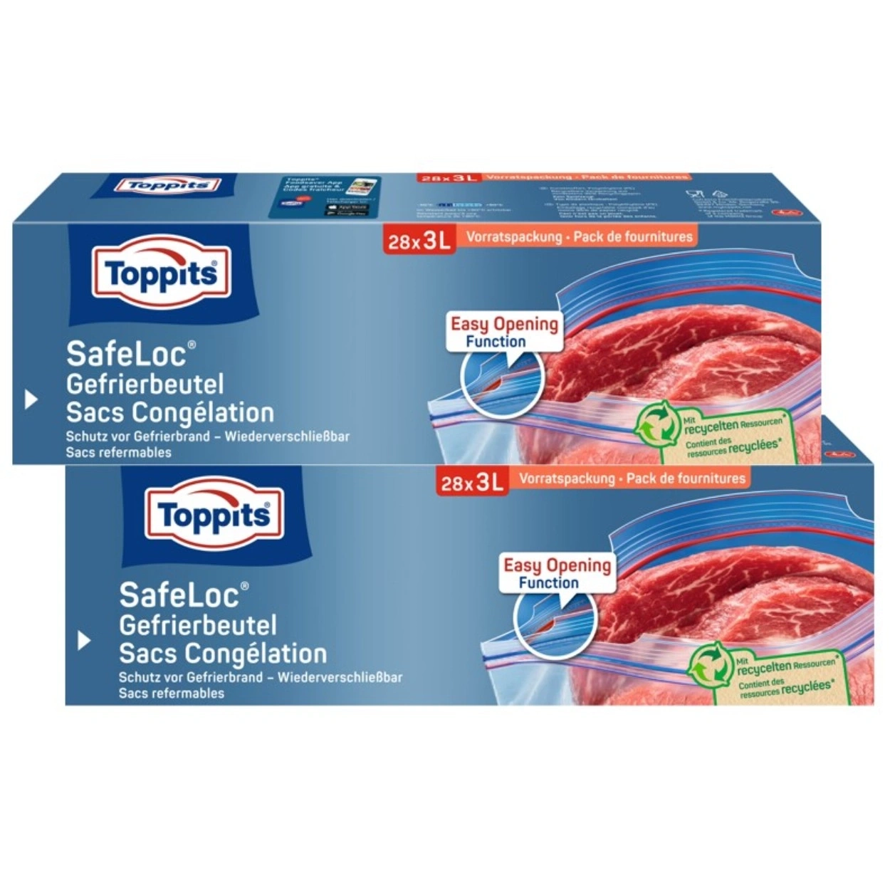 Zwei Schichten Toppits SafeLoc Gefrierbeutel mit rotem Fleisch, einfach zu öffnen.