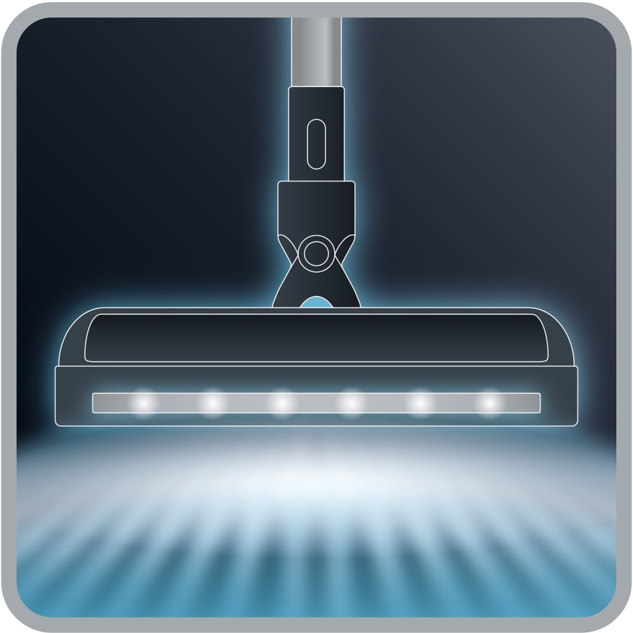 Staubsauger mit LED-Beleuchtung, die den Boden beleuchtet, um Schmutz zu sehen.