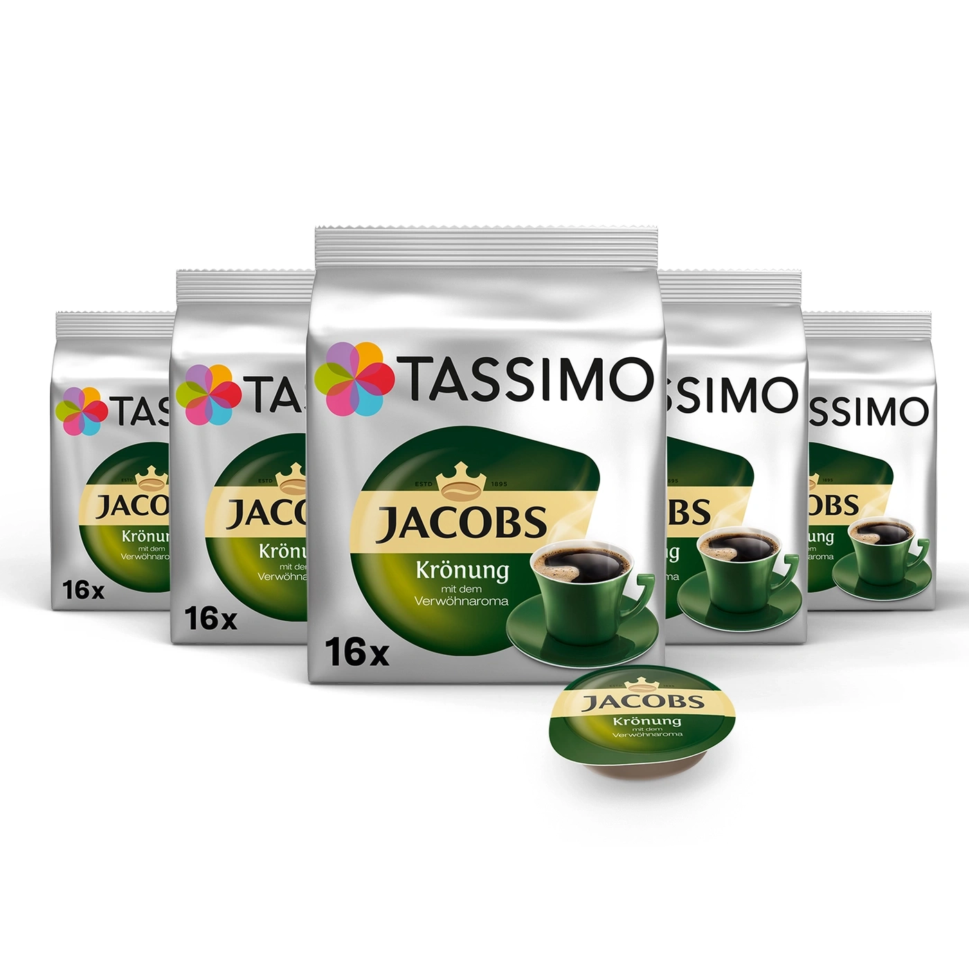 Kaffeepackungen von Jacobs Krönung mit Tassimo-Logo und 16x-Angabe