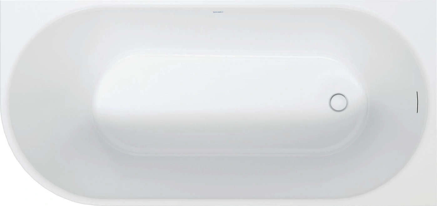 Weiße Badewanne mit Duravit Logo, Überlauf und Abfluss.
